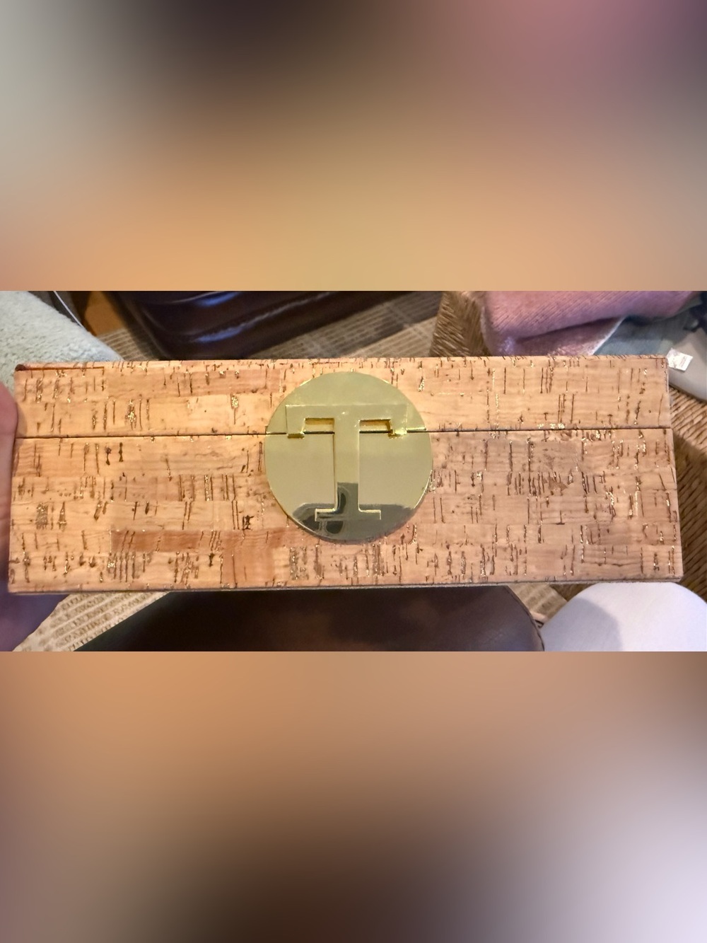 T Monogram Cork Jewelry Box in Natural Cork and Gold